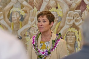 The University of Hawaii Board of Regents held a press conference in Bachman Hall at the University of Hawaii, October 17th, 2024 to present Wendy Hensel as their choice to replace the retiring President Dr. David Lassner.(David Croxford/Civil Beat/2024)