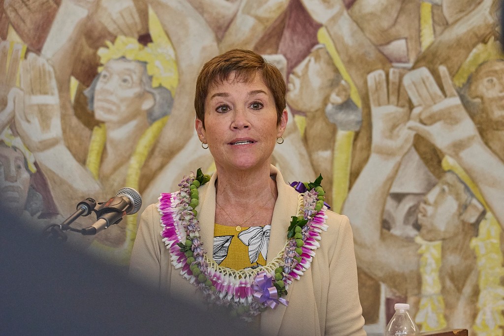 The University of Hawaii Board of Regents held a press conference in Bachman Hall at the University of Hawaii, October 17th, 2024 to present Wendy Hensel as their choice to replace the retiring President Dr. David Lassner.(David Croxford/Civil Beat/2024)