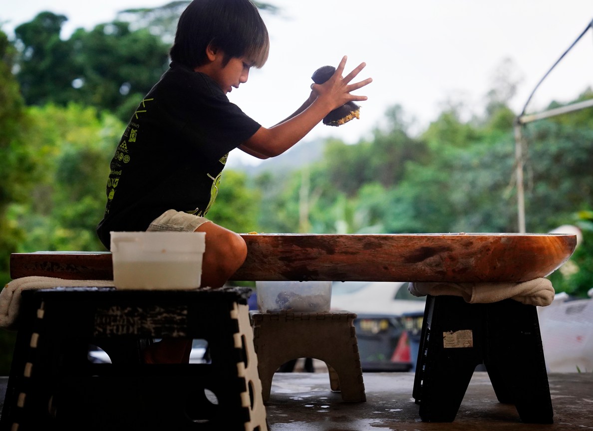 Daniel Anthony’s son Puea, 7, kui (pounds) kalo and ulu Thursday, Oct. 17, 2024, in Kaneohe. Daniel makes the pōhaku ku'i 'ai kui (stone for pounding food) and papa ku'i 'ai (pounding boards). (Kevin Fujii/Civil Beat/2024)