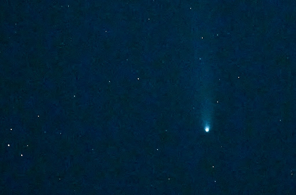 Comet C/2023-A3-Tsuchinshan-Atlas was photographed October 20th, 2024 from a Bortle Sky 9 location in Honolulu after it had passed around the sun and began its 80,000 year orbital journey away from earth.  If normal conditions prevail and someone is around to see it, its next trip to earth should become visible in October of 82024 (David Croxford/Civil Beat/2024)
