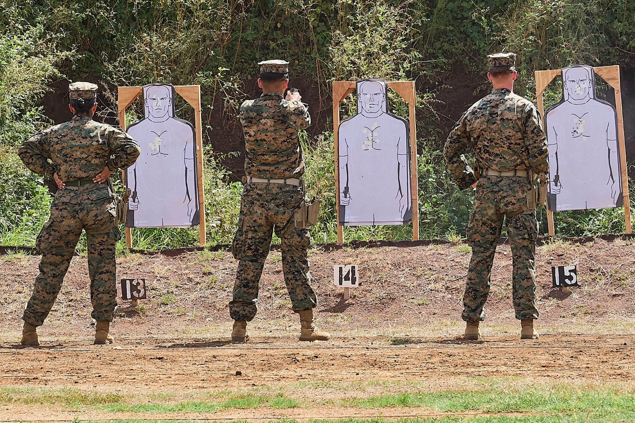 Range activity at the 3 meter target area at Marine Corps Base Hawaii Puuloa Training Facility (range). Civil Beat Reporter Christina Jedra met with MCBH leadership to discuss the impact of the range on local communities and the steps that can be initiated to render the range safe from contaminants contained in depleted hand gun and rifle rounds. (David Croxford/Civil Beat/2024)