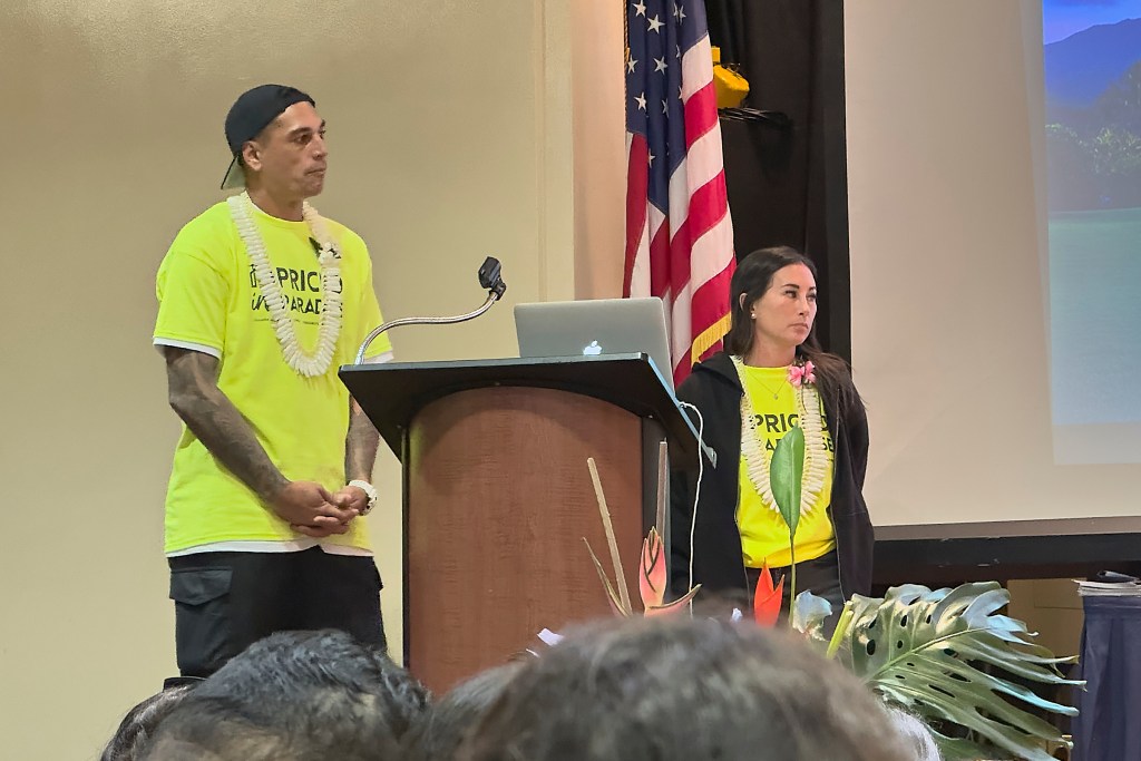 Event: Priced Into Paradise. Kamohai and Tristyn Kalama hosted Priced Into Paradise at the Blaisdell Center October 26th, 2024 along with Councilwoman Andria Tupola(David Croxford/Civil Beat/2024)