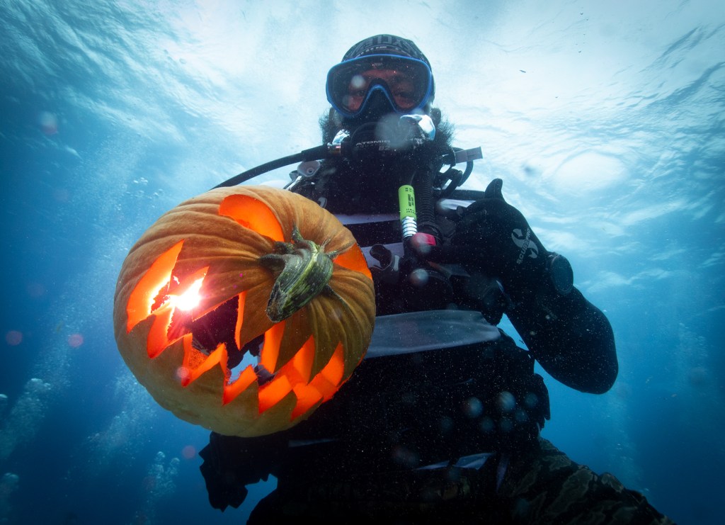 Javier Martinez of Ewa Beach slowly surfaces with his dive light inside the jack-o-lantern he carved during the Island Divers Hawaii underwater pumpkin carving contest Saturday, Oct. 26, 2024, in Honolulu. Martinez’ pumpkin won the first-place prize of a two-tank dive on one of the dive shop’s boat tours. (Kevin Fujii/Civil Beat/2024)