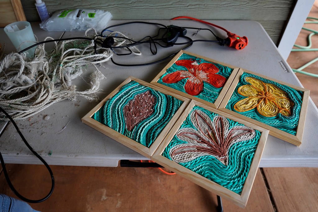 Michiko Smith creates art with rubbish she collects from the ocean Tuesday, Oct. 29, 2024, in Kihei. (Kevin Fujii/Civil Beat/2024)