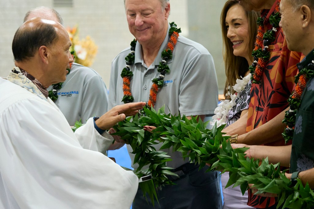 The Hawaii Convention Center has officially welcomed the Pickleball world into its venue with the opening of 45 new courts. During the weekend of November 1 through 3 the Inaugural Aloha Pickleball Games and Festival will be hosting 560 registered amateur players. Kahu Kardell Kekoa offered a blessing which initiated the opening of the court try outs which were photographed October 30, 2024(David Croxford/Civil Beat/2024)