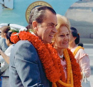 President and Mrs. Nixon receive a Hawaiian welcome for their stopover enroute to China