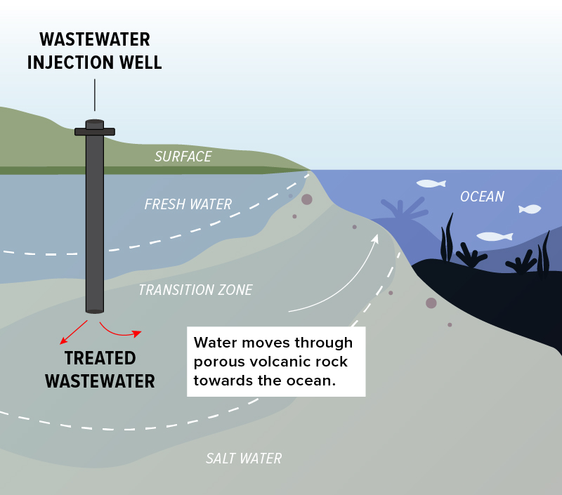 Diagram illustrating how treated wastewater moves from the injection well towards the ocean.