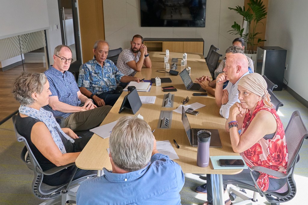 The Hawaii State Climate Advisory Team, consisting of Denise Antolini, Robin Campaniano (Glasses) and Robin Campaniano, met with the Civil Beat Editorial Board to discuss matters related to the wildfires in Maui, Sears and other climates initiatives on October 31st, 2024 at the Civil Beat Offices in Kaimuki. (David Croxford/Civil Beat/2024)