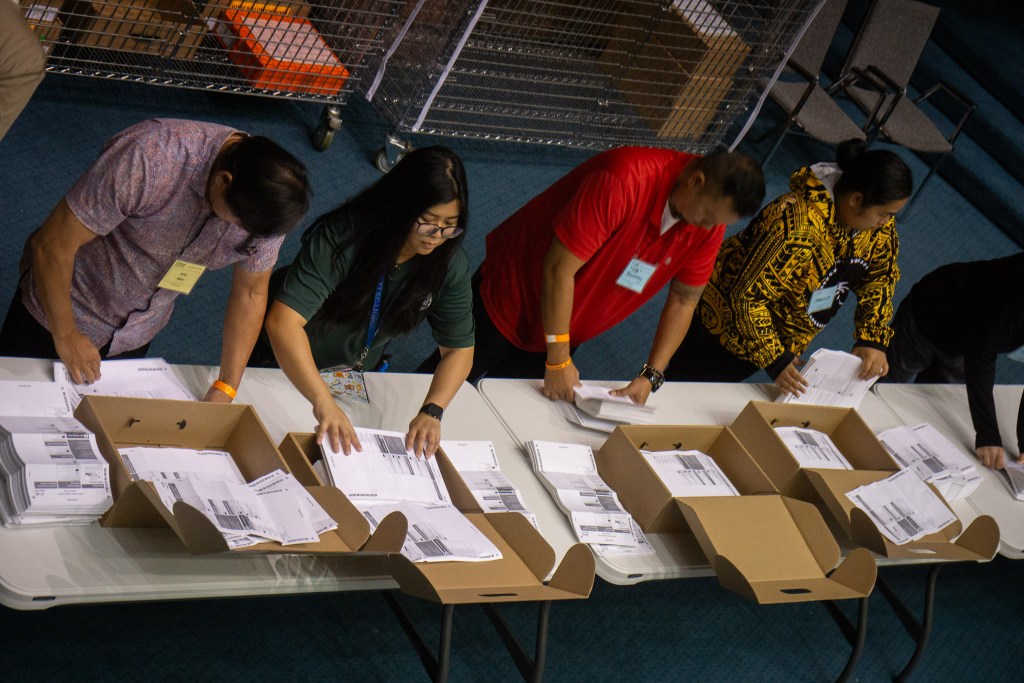 Election workers prepare ballots for machine counting at state capital Tuesday November 5th, 2024. Craig Fuji/Civil Beat/2024
