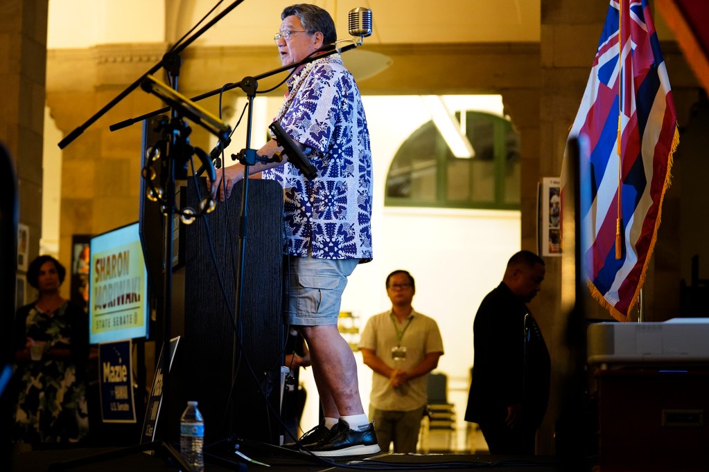 Only in Hawaii could the president of the Hawaii State Senate President Ron Kouchi wear shorts during the Democrat election night watch party Tuesday, Nov. 5, 2024, in Honolulu. (Kevin Fujii/Civil Beat/2024)