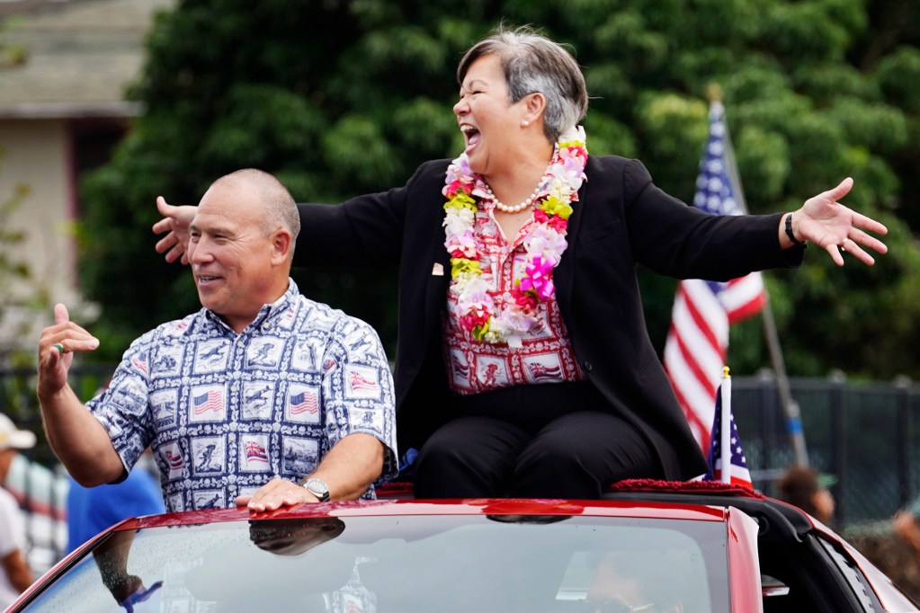 Maj. Gen. (retired) Suzanne Vares-Lum opens the 78th Wahiawa Lions Veterans Day Parade marches down California Avenue Monday, Nov. 11, 2024, in Wahiawa. Gen. Vares-Lum will be the new director of the Daniel K. Inouye Asia-Pacific Center for Security Studies (DKI APCSS) beginning in 2025. (Kevin Fujii/Civil Beat/2024)