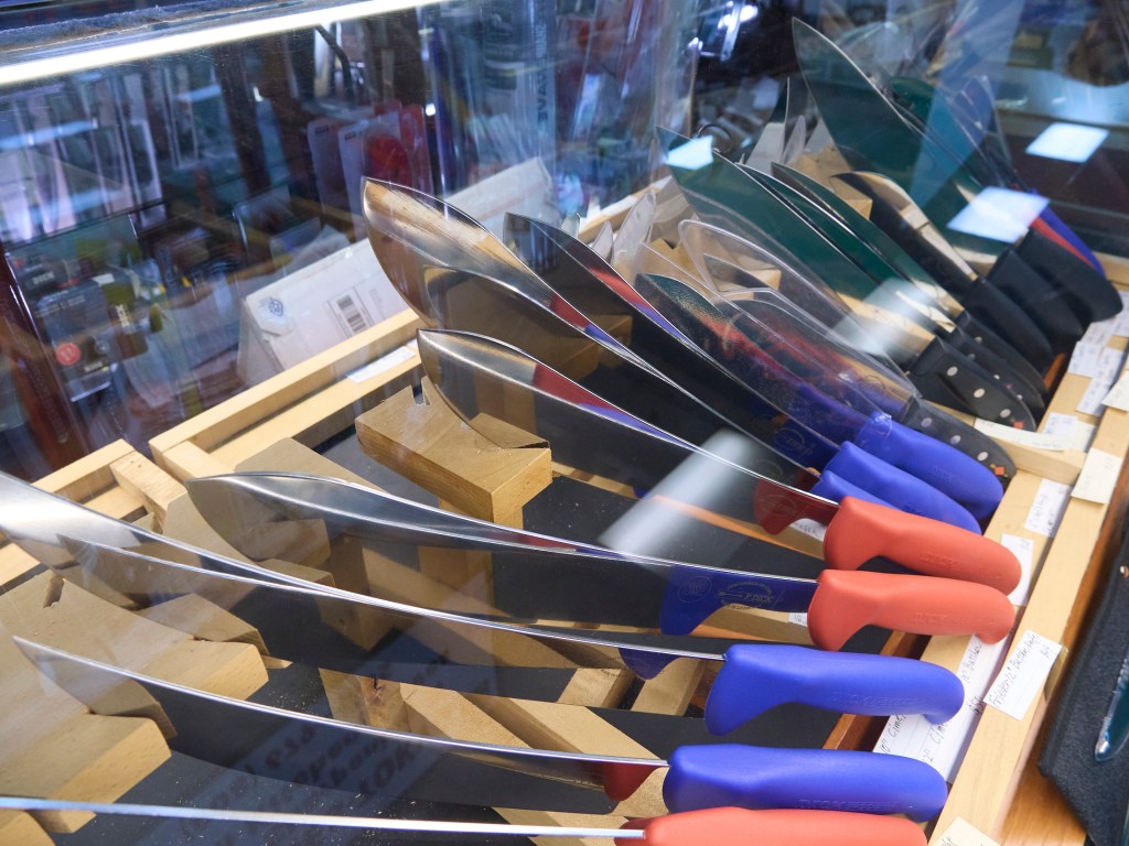 A series of photographs of Machetes of various shapes and sizes from 14 inch blades to the smaller bladed Sugar cane Machete. (David Croxford/Civil Beat/2024)