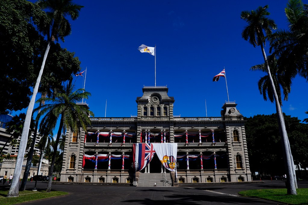 Iolani Palace is dressed up to celebrate King David Kalakaua’s birthday Wednesday, Nov. 20, 2024, in Honolulu. King Kalakaua was born Nov. 16, 1836. He was the last king and monarch of the Kingdom of Hawaii from Feb. 12, 1874 until his death Jan. 20, 1891. (Kevin Fujii/Civil Beat/2024)