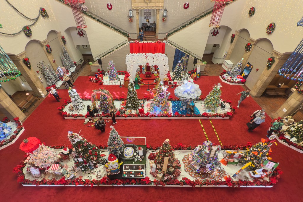 Honolulu Hale has an annual Christmas tree decorating competition between all the departments in the city and county.  The entrees are displayed in the main hall of Honolulu Hale now through the post Christmas season.  The display shows off the creative works of those who work in local government.
(David Croxford/Civil Beat/2024)