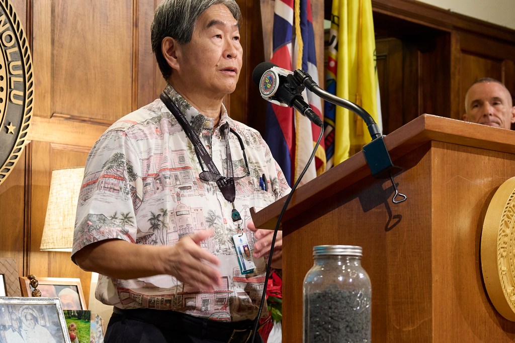 New Landfill location named, Mayor Rick Blangiardi along with others from his administration held a Press Conference at 12.30pm in the Honolulu Hale Offices to announce the location of the proposed new landfill for Oahu. The location is proposed along Kamehameha Hwy on what is now Dole Plantation land just north of Wahiawa. (David Croxford/Civil Beat/2024)