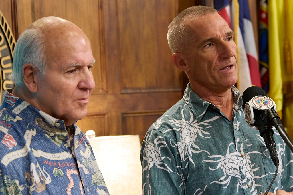 New Landfill location named, Mayor Rick Blangiardi along with others from his administration held a Press Conference at 12.30pm in the Honolulu Hale Offices to announce the location of the proposed new landfill for Oahu. The location is proposed along Kamehameha Hwy on what is now Dole Plantation land just north of Wahiawa.
(David Croxford/Civil Beat/2024)