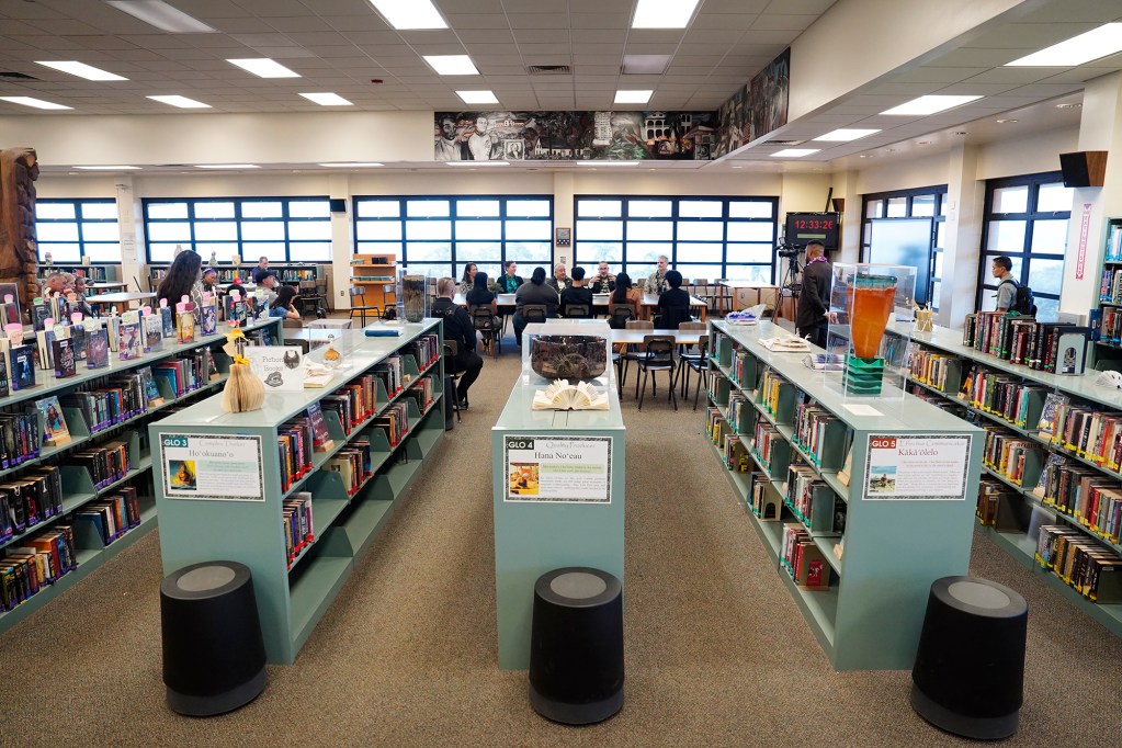 Lahainaluna High School student leaders meet with U.S. Department of Education Sec. Miguel Cardona and Hawaii DOE Superintendent Keith Hayashi Friday, Dec. 6, 2024, in Lahaina. (Kevin Fujii/Civil Beat/2024)