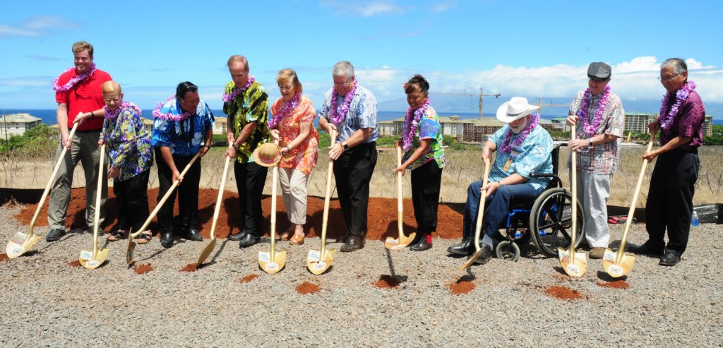 Elected officials and stakeholders broke ground for the West Maui Hospital in 2016 but the project has yet to find full financing after a few options fell through over the years. Left to right, state Sen. Angus McKelvey, former council member Gladys Baisa, former Mayor Alan Arakawa, Newport Hospital Corporation president Brian Hoyle, former state Sen. Roz Baker, former council member Don Couch, state Rep. Elle Cochran, former council member Bob Carroll, and former WMH Foundation board members Dr. Alfred Arensdorf and Howard Hanzawa. (courtesy of WMHF/2016)