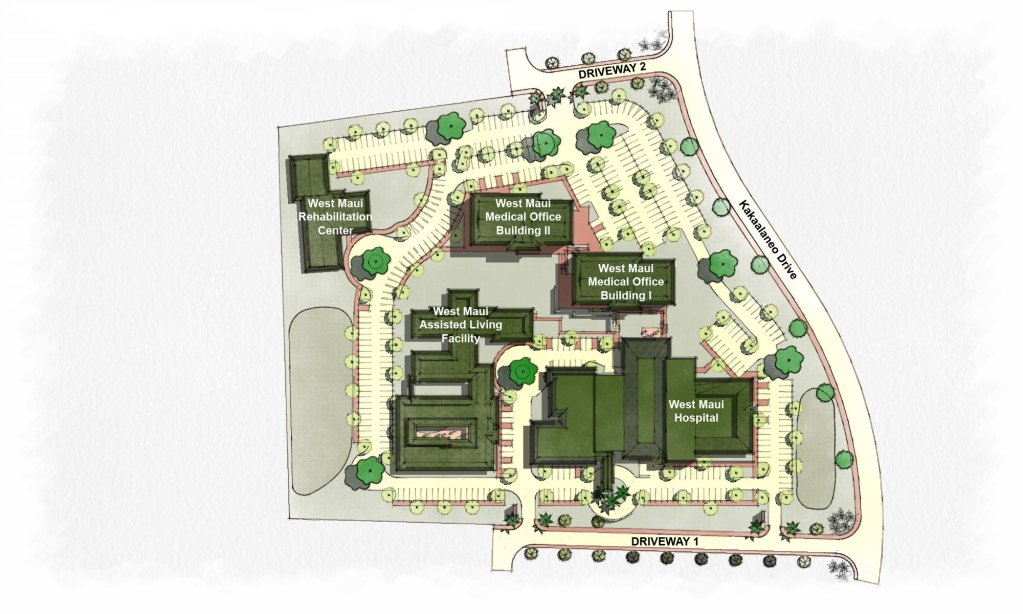 The land for the West Maui Hospital is a five-acre portion of a 15-acre parcel that will house additional medical buildings, including two offices, a rehabilitation center and an assisted living facility. (courtesy of WMHF/2024)