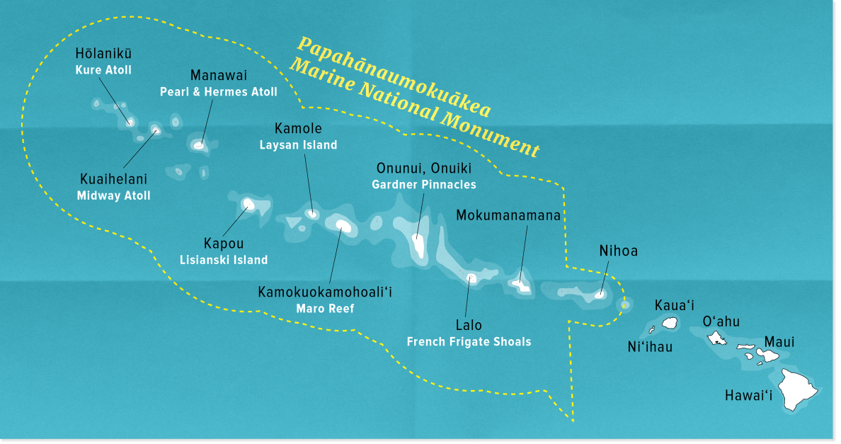 Map showing the boundary of the Papahanaumokuakea Marine National Monument in the Northwestern Hawaiian Islands. (April Estrellon/Civil Beat/2024)