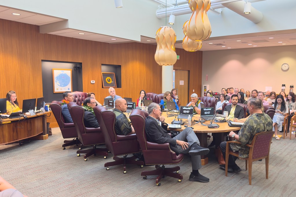 Senator Kurt Fevella appeared before the OHA Board of Trustees December 4th, 2024 to lend support to Kai Kahele who had been nominated to preside over the OHA Board of Trustees. (David Croxford/Civil Beat/2024)