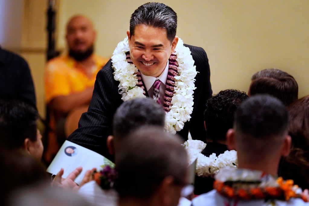 Honolulu Council’s newest member Scott Nishimoto is introduced before Mayor Rick Blangiardi’s inauguration ceremony Thursday, Jan. 2, 2025, in Honolulu. (Kevin Fujii/Civil Beat/2025)