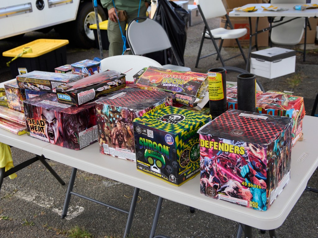 In light of the tragic loss of life at an Aliamanu Fireworks party on New Years evening, the Dept of Law Enforcement under the Direction of Jordan Lowe and in conjunction with HPD Bomb squad and various other state and local agencies conducted a Fireworks Amnesty event at Aloha Stadium on Saturday January 11th and invited the public to turn in any illegal fireworks with no questions asked. Both professionally manufactured and self made elements were turned in to agents who sorted and packed the fireworks for disposal at a later date. (David Croxford/Civil Beat/2025)