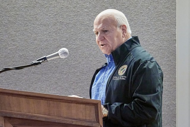 Honolulu County Mayor Rick Blangiardi presents his requests to a joint meeting of the Senate Ways and Means Committee and the House Finance committee on January 21st, 2025. (David Croxford/Civil Beat/2025)