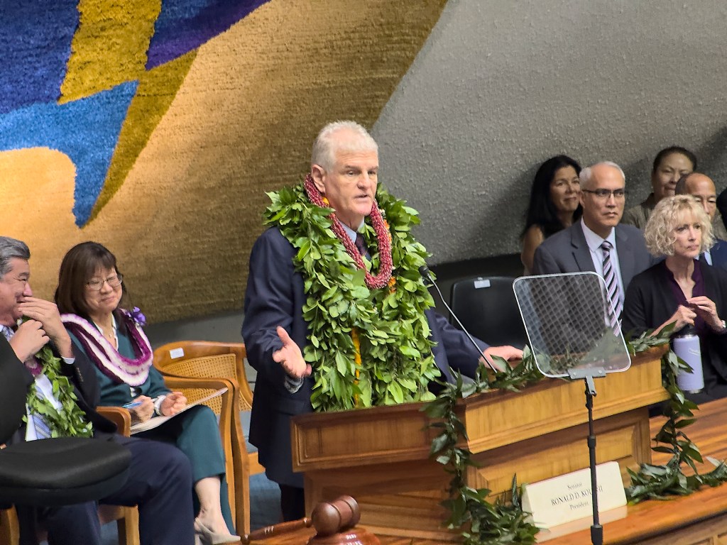 Views from the State of the Judiciary address January 23rd, 2025 given by Chief Justice Mark E. Recktenwald during a joint session of the House of Representatives and the Senate in the Senate Chamber.(David Croxford/Civil Beat/2025)