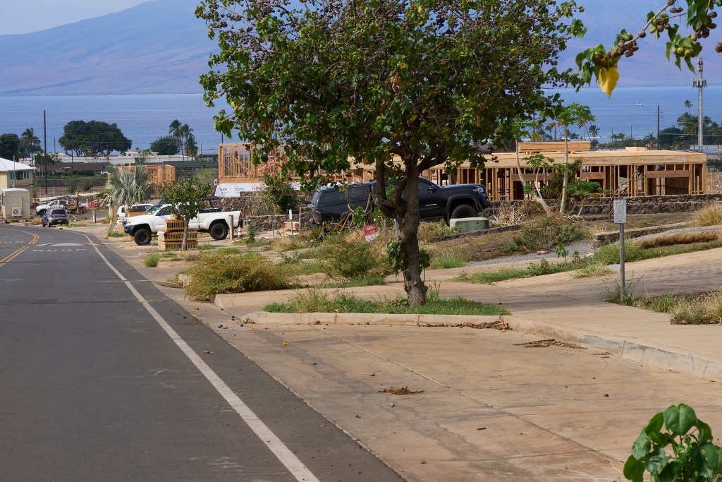 Below the Lahaina Bypass, not far from the memorial to the 102 Lahainanas lost on the fire of August 8th, 2023, developments are beginning to be rebuilt. Some owners have placed large Recreation vehicle on their lots, while others have progressed to various levels and are framing new homes and applying new roofs. Building is a slow process but one that shows Lahaina neighborhoods are recovering.(David Croxford/Civil Beat/2025)