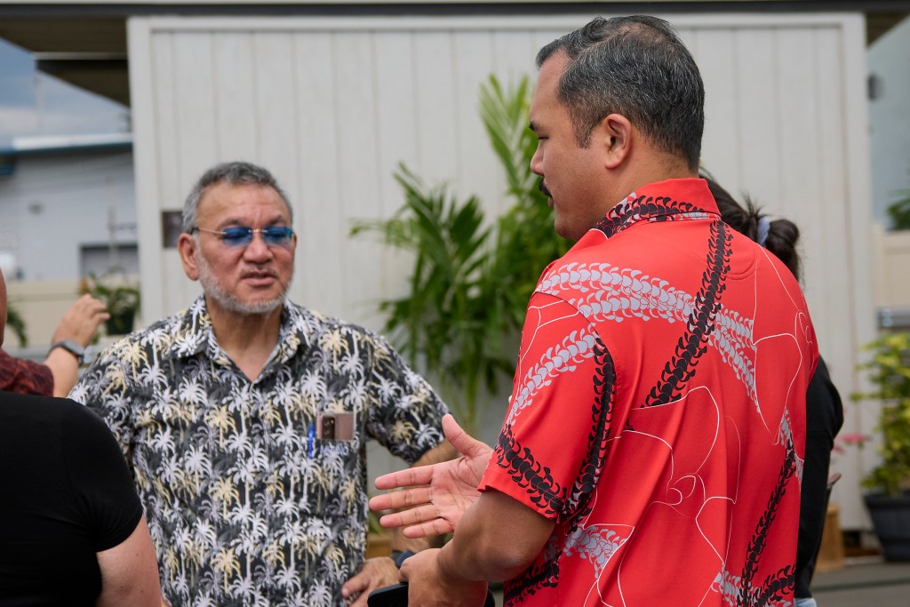 Former State Representative John Mizuno and Honolulu Councilman Tyler Dos Santos-Tam conducted a tour of one of the at  ALANA OLA PONO KAUHALE (David Croxford/Civil Beat/2025)