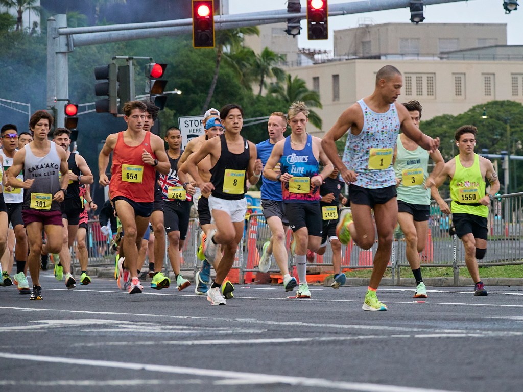 The 41st Great Aloha Run took off with a loud starters gun at 7.00 a.m. on Monday morning.  The PresidentÕs Day event fielded teams from the US Army and Marine Corps along with youth and adults from all walks of life.  The 8.15 mile course was set out to accommodate walkers and runners with everyone finishing in Aloha Stadium(David Croxford/Civil Beat/2025)