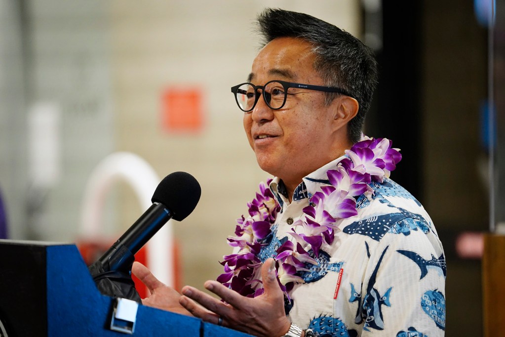 Sen. Glenn Wakai speaks during the news briefing for digitizing Hawaiʻi Department of Agriculture’s plant and animal declarations Monday, Feb. 24, 2025, at Daniel K. Inouye International Airport in Honolulu. Sen. Wakai chairs the Senate Committee on Energy and Intergovernmental Affairs. (Kevin Fujii/Civil Beat/2025)