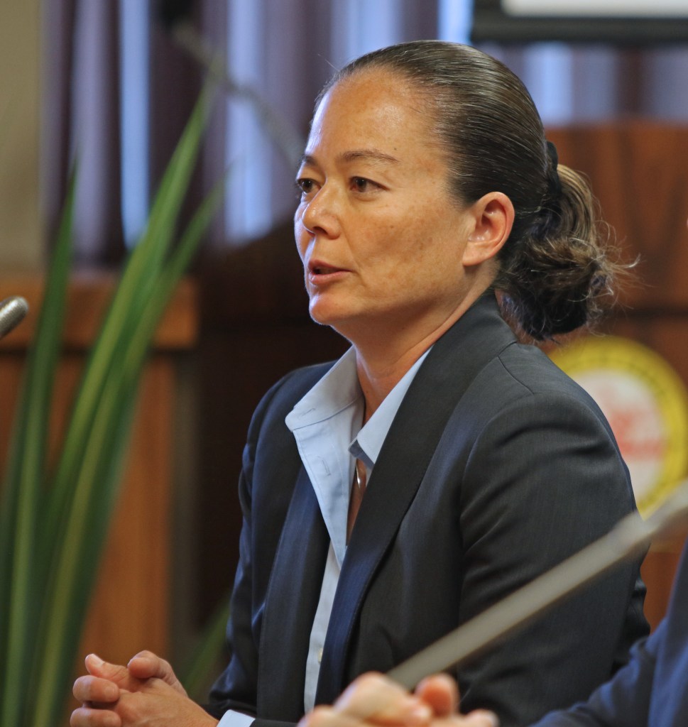 Sherry Bird answers questions during a police commission meeting held Monday at Hilo's County Building. Photo: Tim Wright