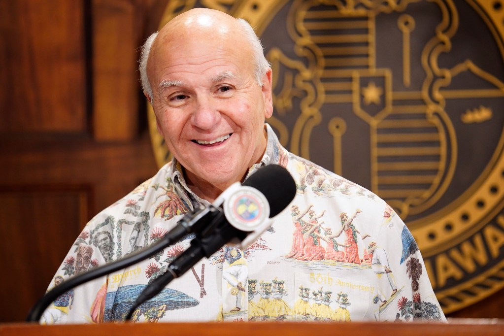 Mayor Rick Blangiardi gets more animated after announcing the Executive Program and Budget Fiscal Year 2026 Wednesday, March 5, 2025, in Honolulu. (Kevin Fujii/Civil Beat/2025)