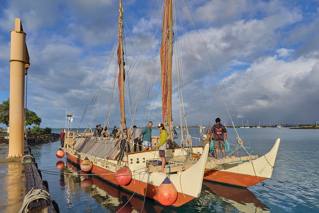 The Hōkūle'a Departs the Marine Education Training Center dock on Friday March 7th heading for her birthplace and 50th celebration at Kuala Beach Park. (David Croxford/Civil Beat/2025)