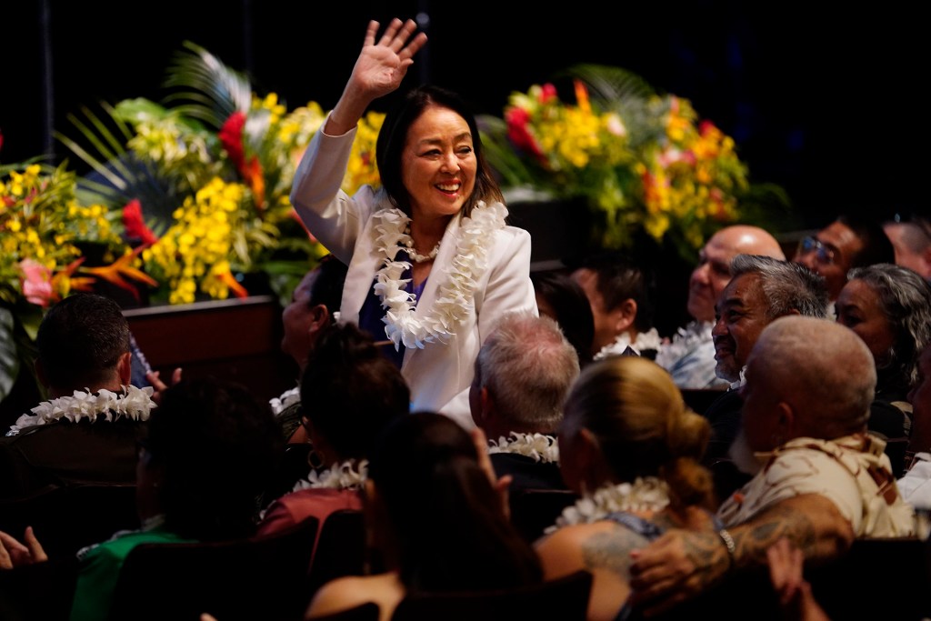 Maui Council member Yuki Lei Sugimura is recognized before Mayor Richard Bissen delivers the state of the county address Friday, March 7, 2025, in Kahului. (Kevin Fujii/Civil Beat/2025)