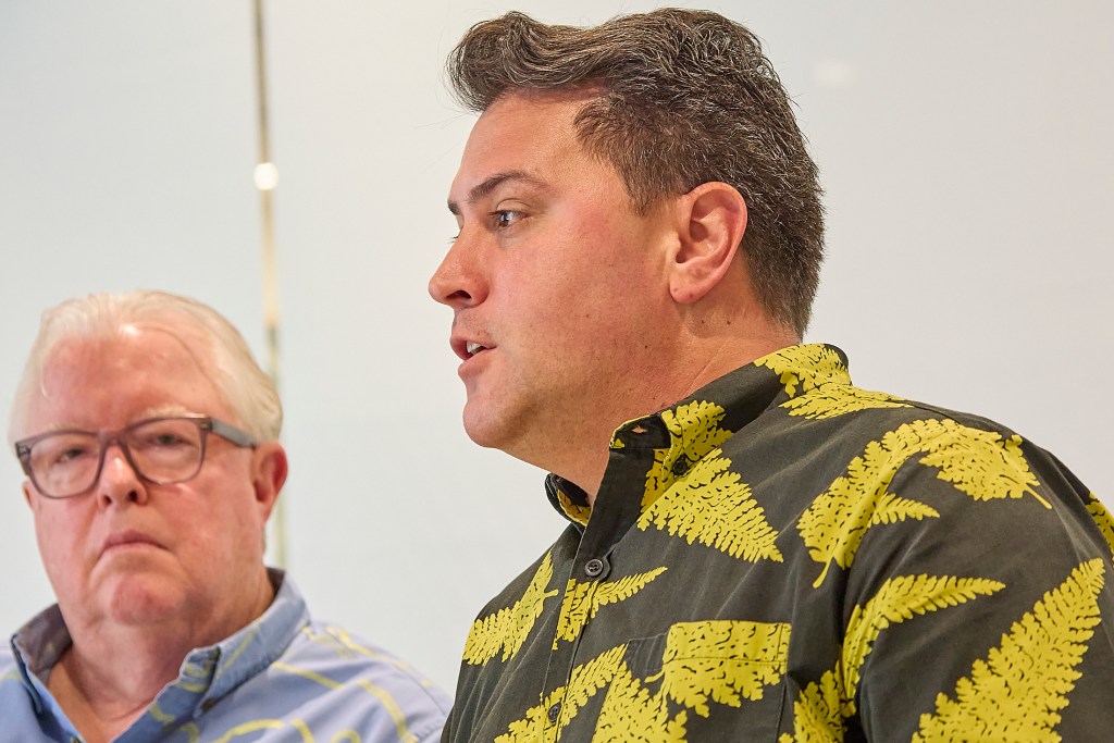 Jerry Gibson, President of the Hawaii Hotel Alliance and GM of the Waikiki Beach Marriott Resort and Spa along with Kekoa McClellan (R) from the McClellan Group met with the Civil Beat Editorial Board at their offices on March 12th to discuss various subjects including the impact of federal cuts and increased taxation on the hotel industry. (David Croxford/Civil Beat/2025)