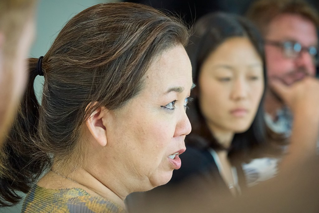 Congresswoman Jill Tokuda attended an Editorial Board Meeting at Honolulu Civil Beat headquarters in Kaimuki.  She answered questions relating to Hawaii and the present federal funding climate under the Trump administration’s DOGE cuts. (David Croxford/Civil Beat/2025)