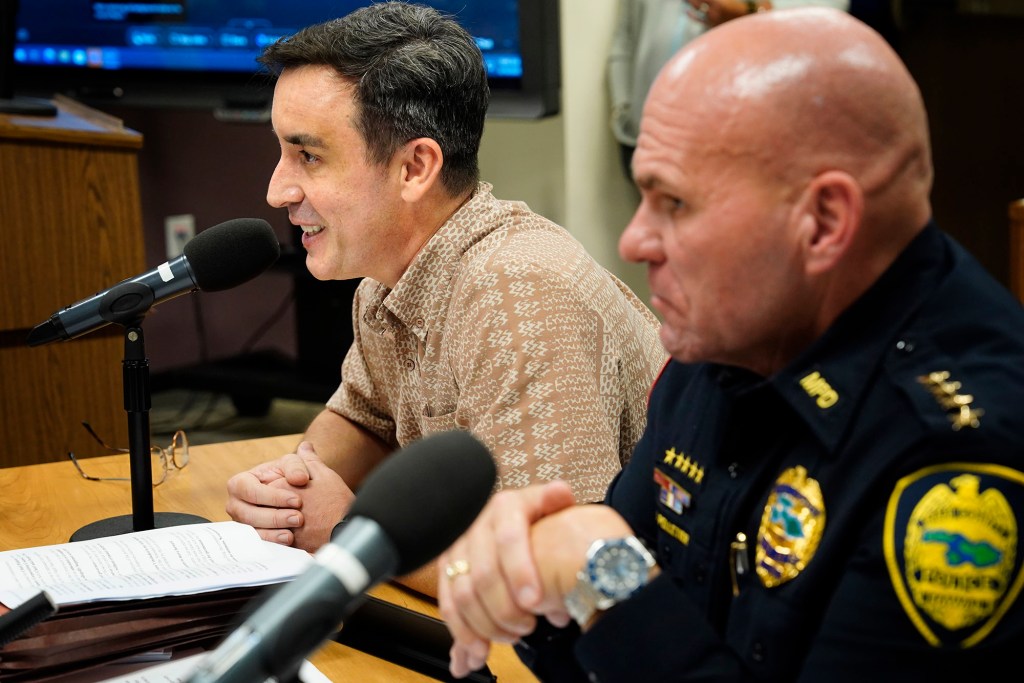 Maui Police Chief John Pelletier’s attorney Keola Whittaker addresses the Maui Police Commission Wednesday, March 19, 2025, in Kahului. The Police Commission rejected putting Chief Pelletier on administrative leave because of a civil lawsuit alleging his involvement with rapper Sean “Diddy” Combs. (Kevin Fujii/Civil Beat/2025)