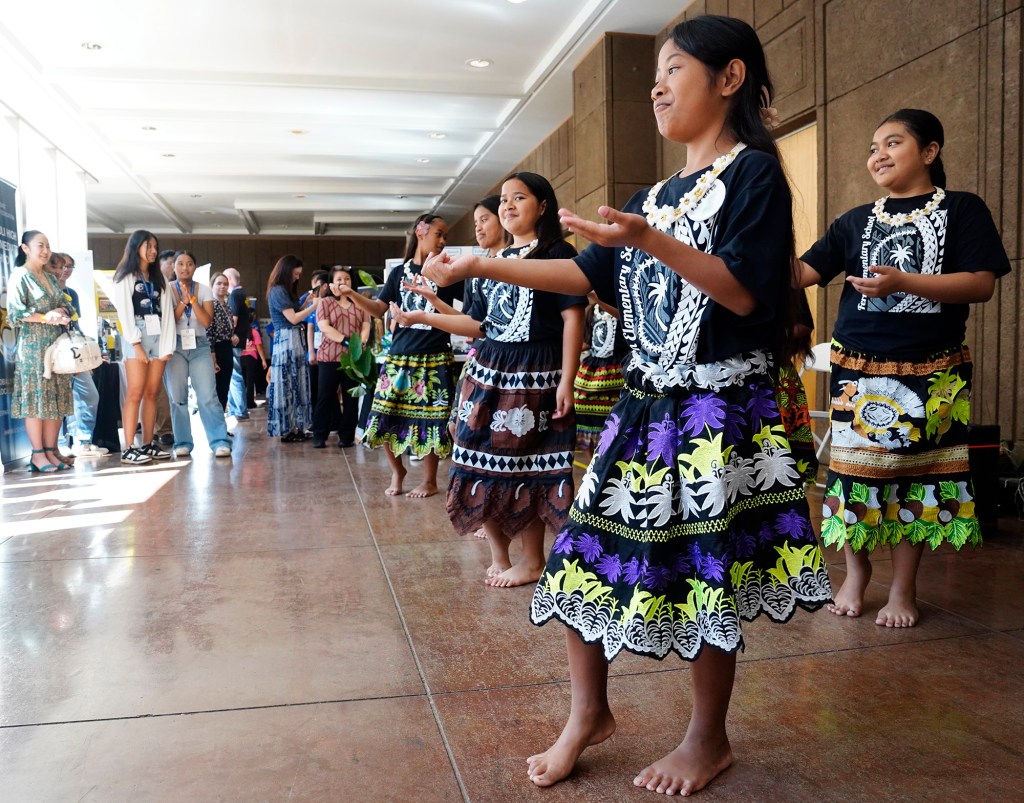 Fern Elementary School’s Chuukese Dance Club performs a dance they created for Education Day at the Capitol Thursday, March 20, 2025, in Honolulu. Their display “Creating a Sense of School Belonging” included a dance they choreographed to include modern and traditional dances. (Kevin Fujii/Civil Beat/2025)