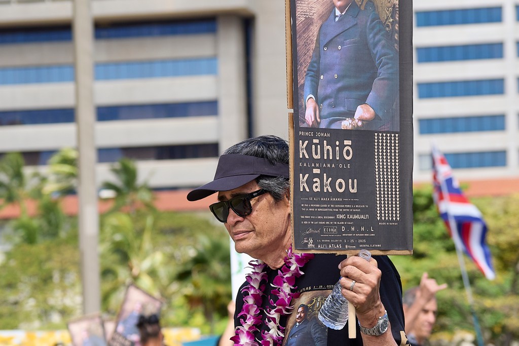 DHHL Director Kali Watson joined supporters of HB606 at the capital March 25th, 2025. The bill seeks funding to aid Hawaiians in their needs for homes. (David Croxford/Civil Beat/2025)