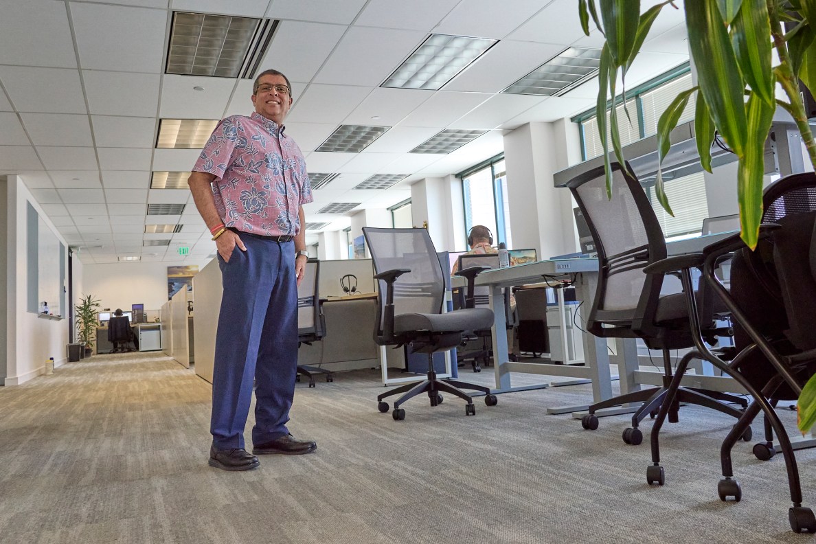 Pankaj Bhanot is the Chief Executive Officer of eWorld Enterprise Solutions, Inc. (eWorldES), a local information and technology firm delivering innovative technology solutions to public sector clients. Photographed on March 27th, 2025 in their offices on the 24th floor of Ali’i Place.(David Croxford/Civil Beat/2025)