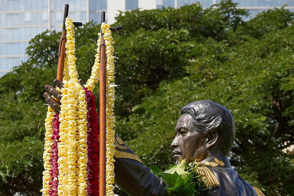 On Friday March 28th, 2025 the Mayor’s Office of Culture and the Arts honored the legacy of King Kamehameha III (Kauikeaouli) with a lei draping ceremony at the recently added statue of the monarch at Thomas Square.(David Croxford/Civil Beat/2025)