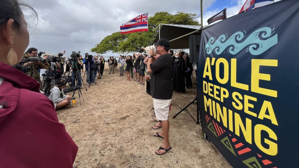 Dozens gather to protest deep-sea mining in Hawaiʻi in December 2023. Anita Hofschneider / Grist