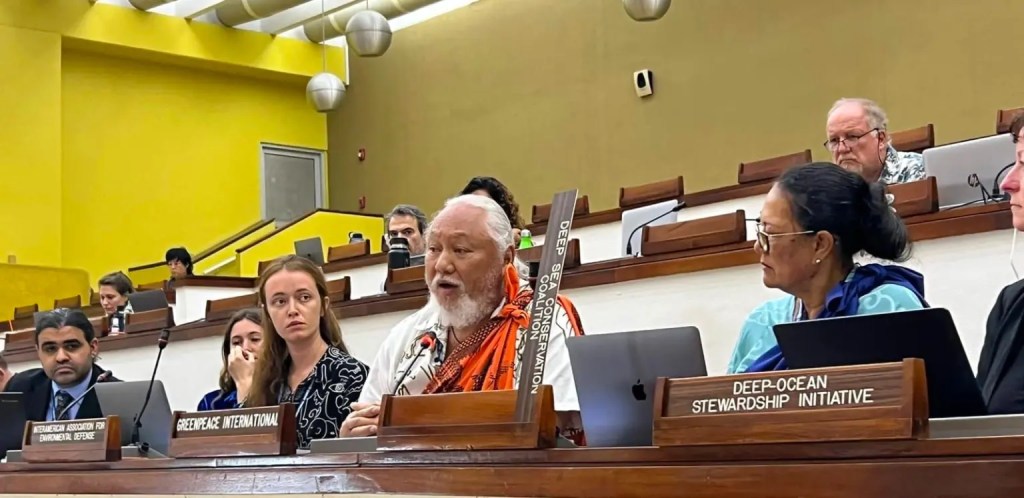 Solomon Kahoʻohalahala speaks at the International Seabed Authority in Jamaica. Kahoʻohalahala was invited to attend by Greenpeace and received the advocacy organization’s observer status. Courtesy of Solomon Kahoʻohalahala