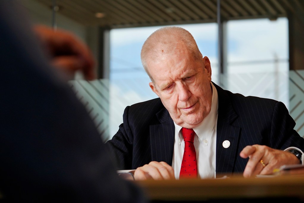 Honolulu Prosecuting Attorney Steve Alm checks his notes during a Honolulu Civil Beat editorial board meeting Friday, April 11, 2025, in Honolulu. (Kevin Fujii/Civil Beat/2025)