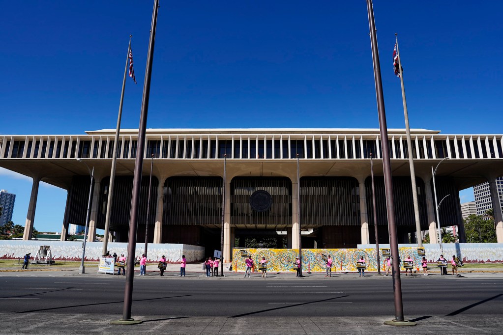 Union carpenters hold a rally in front of the Capitol protesting tax fraud in the construction industry Tuesday, April 15, 2025, in Honolulu. (Kevin Fujii/Civil Beat/2025)