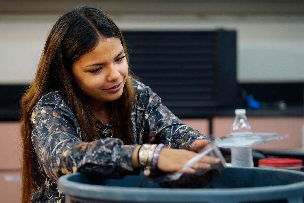 Waiʻanae High School Marine Science Learning Center senior Mayjean Wakinekona-Kahunanui packages limu Monday, April 21, 2025, in Waiʻanae. The boxed aquaculture product is sold to Waiʻanae Coast Comprehensive’s ‘Elepaio Social Services which are distributed to the community’s kūpuna free of charge. The program uses another name for their limu: ogo. (Kevin Fujii/Civil Beat/2025)
