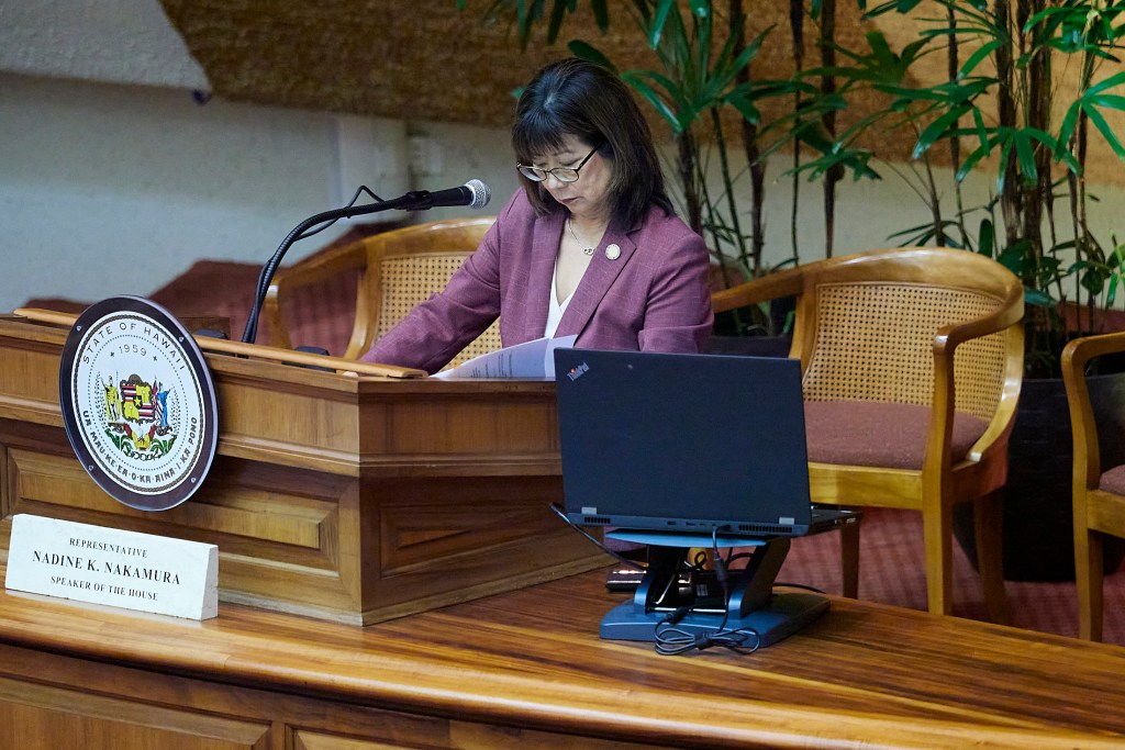 Views from both the House of Representatives and the Senate, photographed April 30th, 2025.  Discussion during the recesses and during each of the bills under discussion.Speaker of the House Nadine K. Nakamura(David Croxford/Civil Beat/2025)